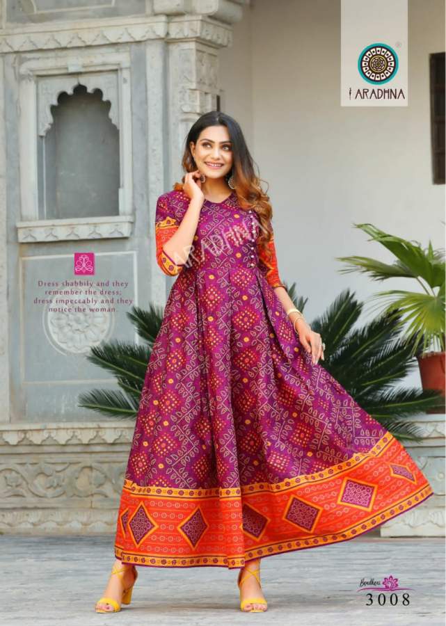 Aradhna Bandhani 3 Heavy Cotton Festive Wear Cotton Anarkali Long Kurti Collection